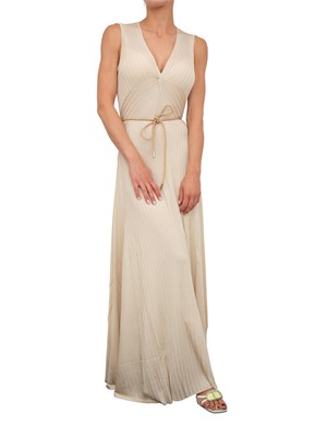 Abito lungo Blugirl in costa lucida beige con drappeggio e collana in DONNA