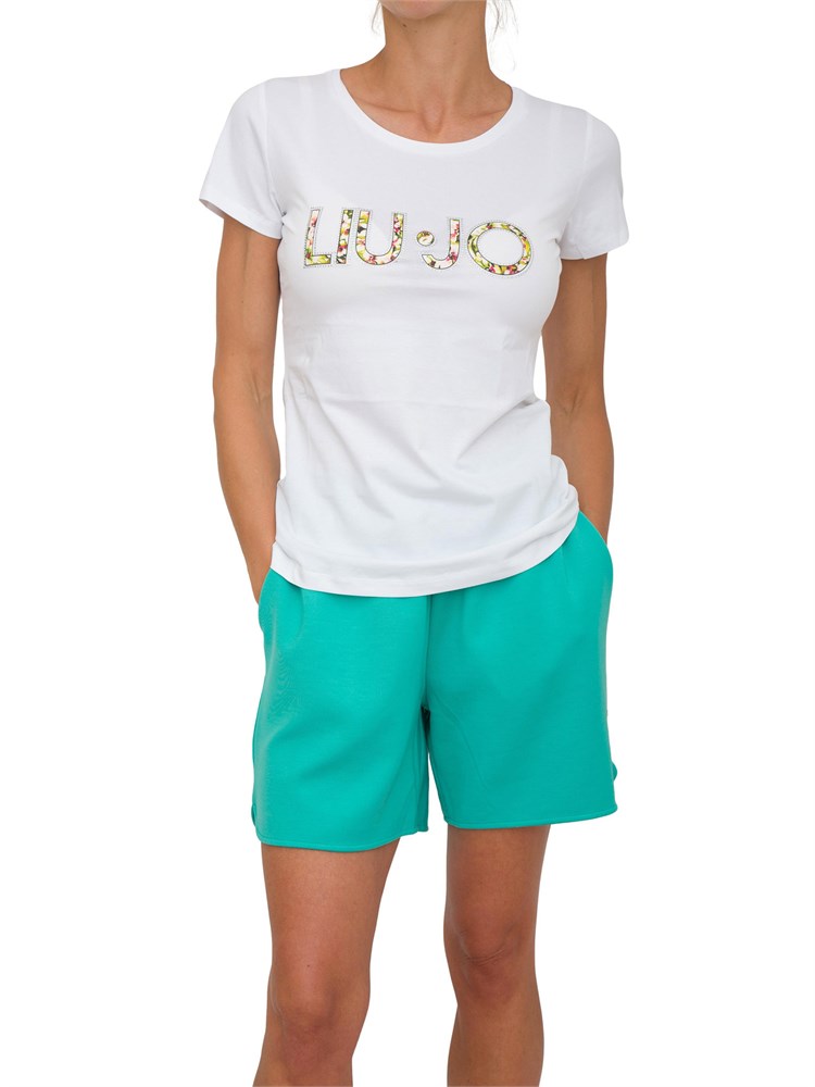 T-shirt bianca Liu Jo donna con logo motivo floreale e contorno strass
