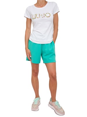 T-shirt bianca Liu Jo donna con logo motivo floreale e contorno strass in DONNA