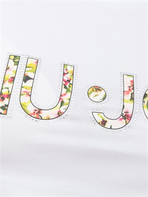 T-shirt bianca Liu Jo donna con logo motivo floreale e contorno strass in DONNA