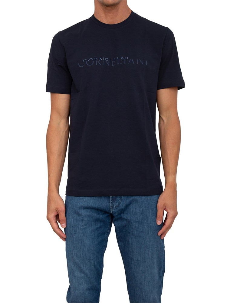 T-shirt uomo Corneliani in cotone blu con logo stampato a rilievo