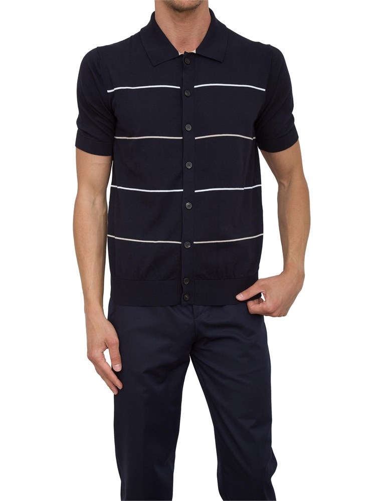 Cardigan polo Peserico blu in filato di puro cotone