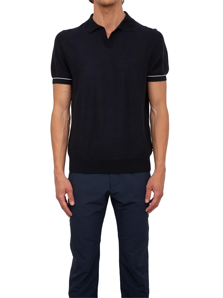 Maglia Boss in misto cotone blu con colletto Johnny
