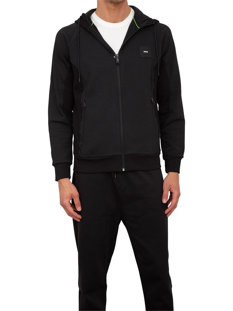 Felpa con cappuccio Boss nero con zip e toppa con logo