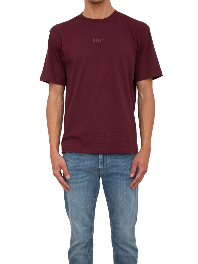 T-shirt Tee Boss uomo regular fit in cotone bordeaux con logo tono su tono