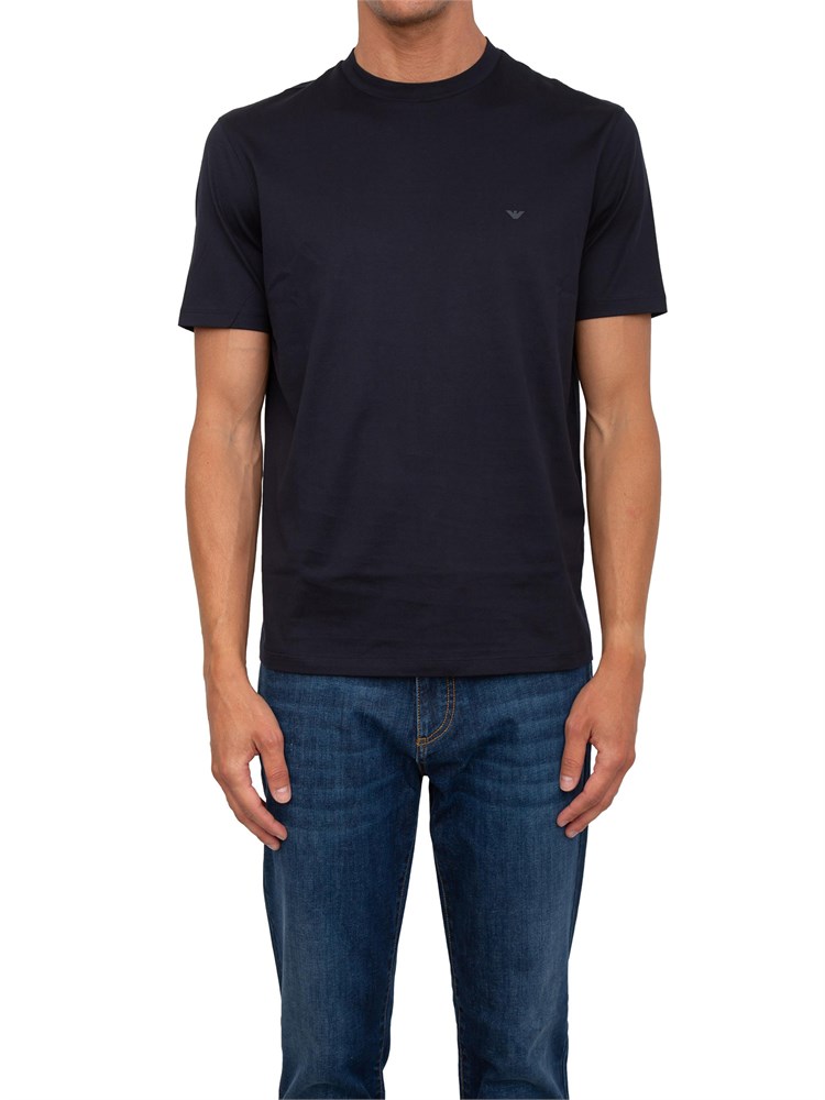 T-shirt Emporio Armani uomo in jersey di puro cotone blu con logo micro aquila