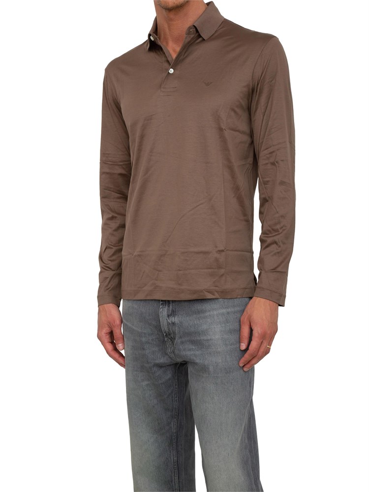 Polo marrone maniche lunghe Emporio Armani uomo in cotone fluido e lucido