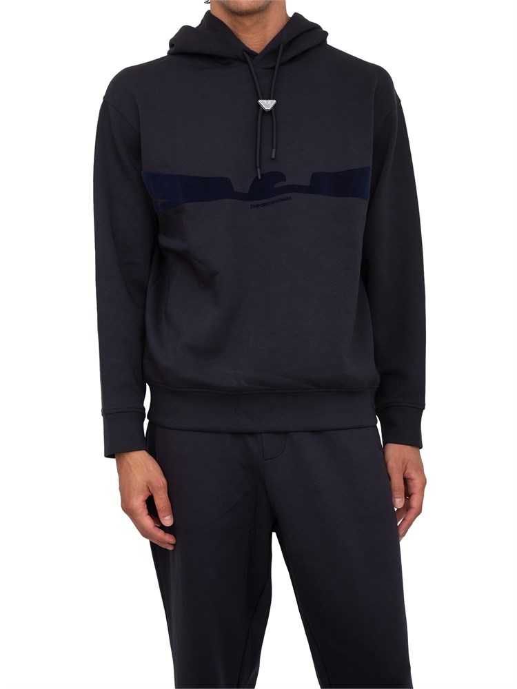 Felpa uomo blu Emporio Armani con cappuccio e aquila sagomata in flock