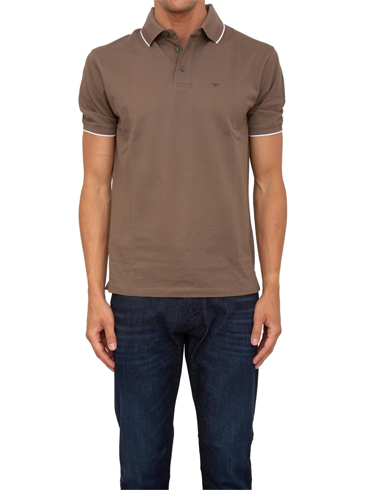 Polo Emporio Armani in piquet stretch marrone con profili a contrasto