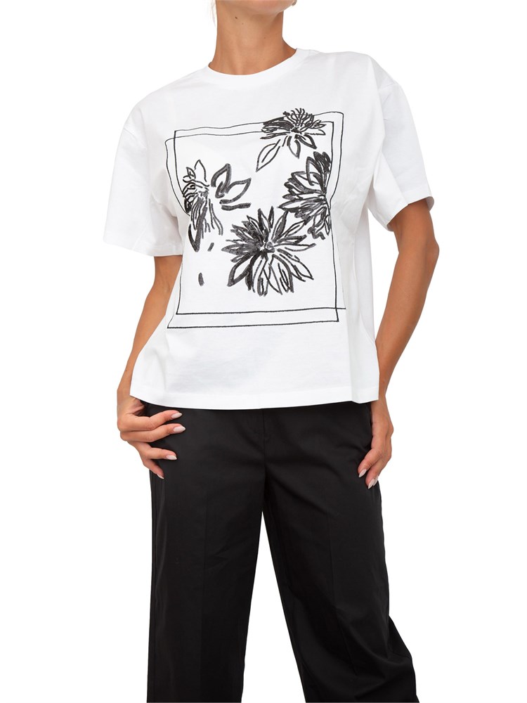 T-shirt Twinset in jersey di cotone bianco con paillettes a disegno floreale