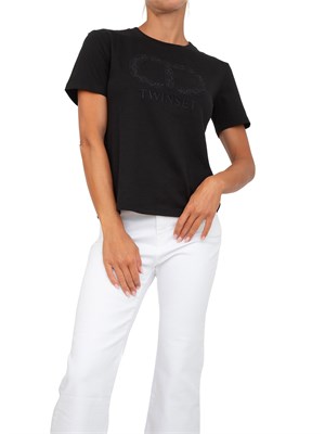 T-shirt Twinset in cotone nero con ricamo Oval T in DONNA