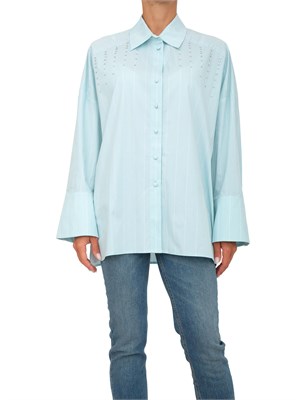 Camicia Twinset Actitude in popelin tinto filo verde a riche con ricamo castoni in DONNA
