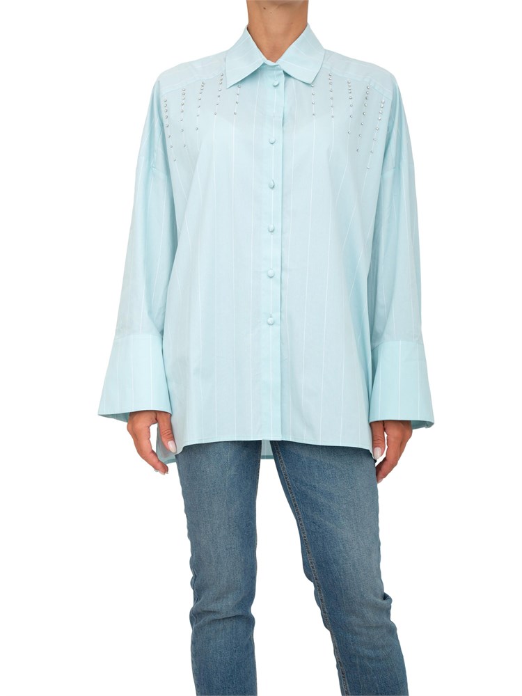 Camicia Twinset Actitude in popelin tinto filo verde a riche con ricamo castoni