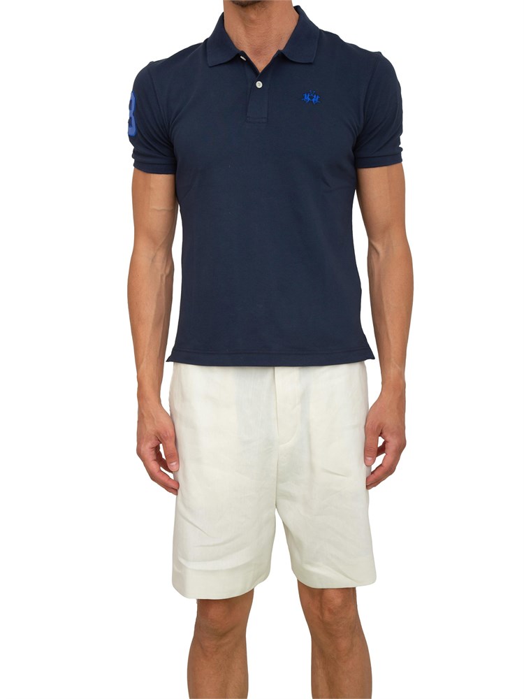 Polo uomo La Martina in cotone blu con patch numero 3 e logo sottocollo