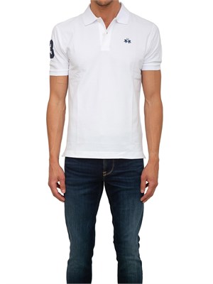 Polo uomo La Martina in cotone bianco con patch numero 3 e logo sottocollo in UOMO