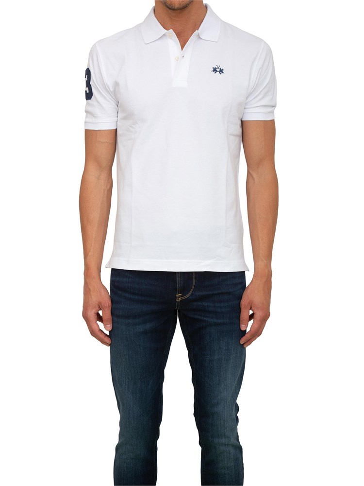 Polo uomo La Martina in cotone bianco con patch numero 3 e logo sottocollo