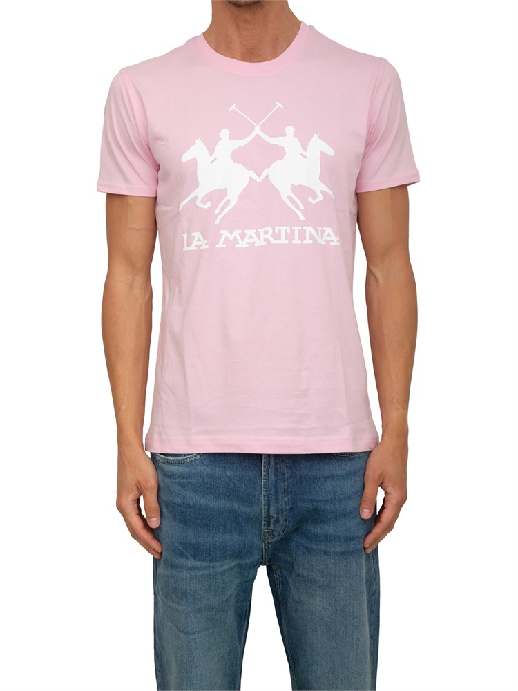 T-shirt uomo La Martina in cotone rosa con logo grande a contrasto