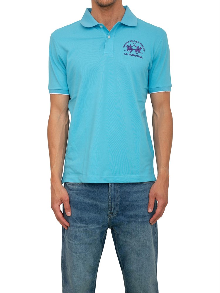 Polo uomo La Martina in cotone azzurro con logo grande e sottocollo con logo a contrasto