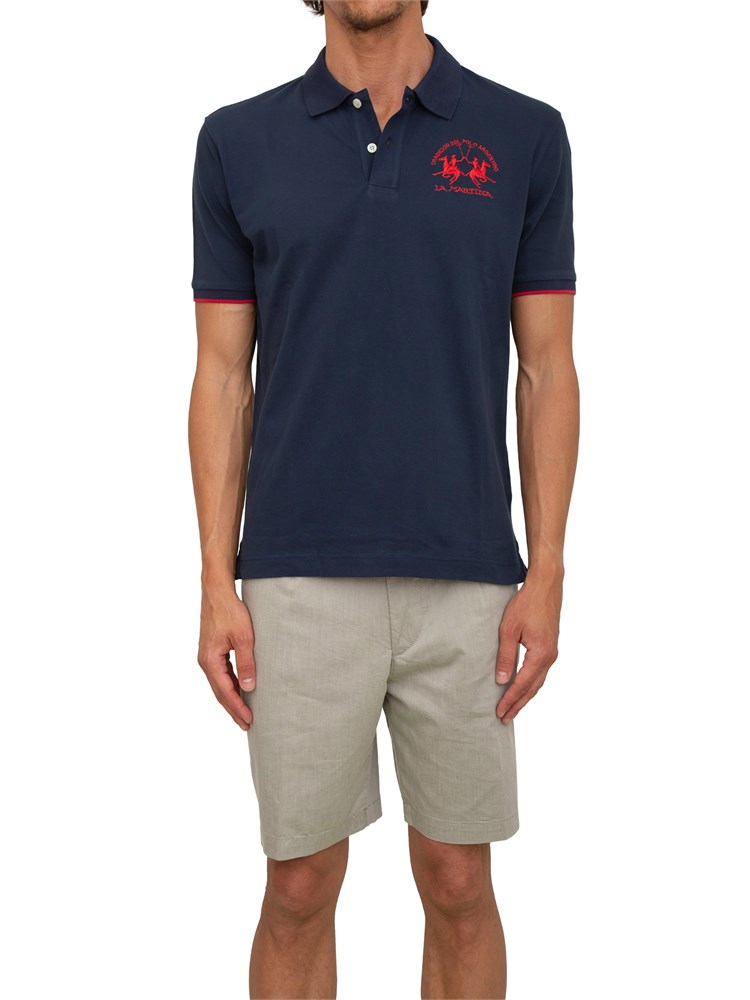 Polo uomo La Martina in cotone blu con ricamo logo e sottocollo logo