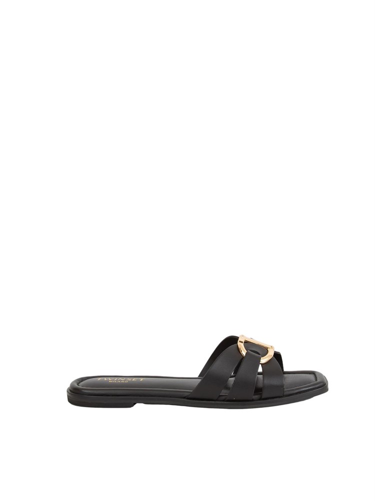 Sandali slide Twinset in pelle nera con Oval T