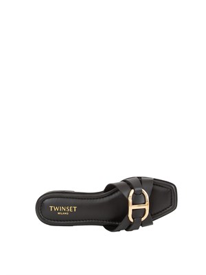 Sandali slide Twinset in pelle nera con Oval T in DONNA