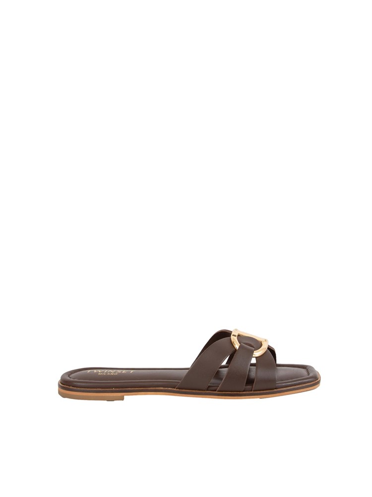Sandali slide Twinset in pelle marrone con Oval T