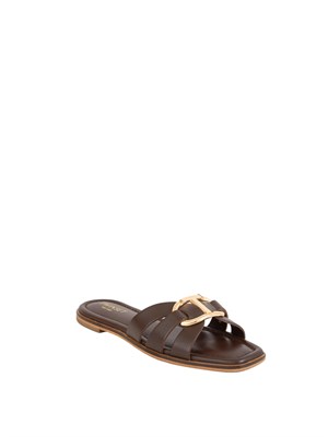 Sandali slide Twinset in pelle marrone con Oval T in DONNA