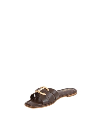 Sandali slide Twinset in pelle marrone con Oval T in DONNA