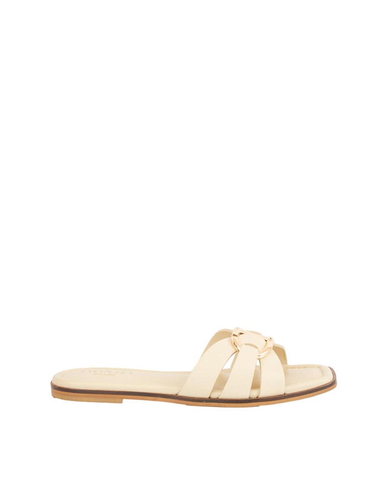 Sandali slide Twinset in pelle avorio con Oval T