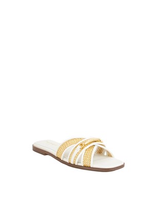 Sandali slide Twinset in pelle bianca e rafia intrecciata con placca logo lettering in DONNA