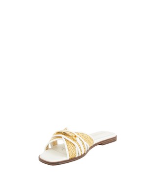 Sandali slide Twinset in pelle bianca e rafia intrecciata con placca logo lettering in DONNA