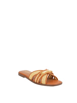 Sandali slide Twinset in pelle marrone e rafia intrecciata con placca logo lettering in DONNA
