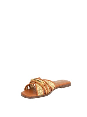 Sandali slide Twinset in pelle marrone e rafia intrecciata con placca logo lettering in DONNA