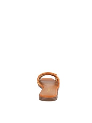 Sandali slide Twinset in pelle marrone e rafia intrecciata con placca logo lettering in DONNA
