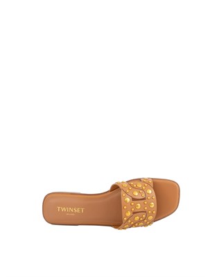 Sandali slide Twinset in pelle cuoio con borchie in DONNA