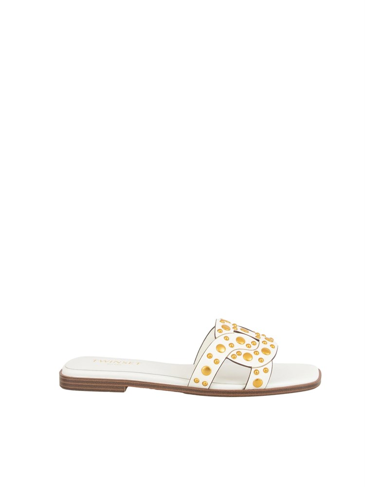 Sandali slide Twinset in pelle bianco con borchie