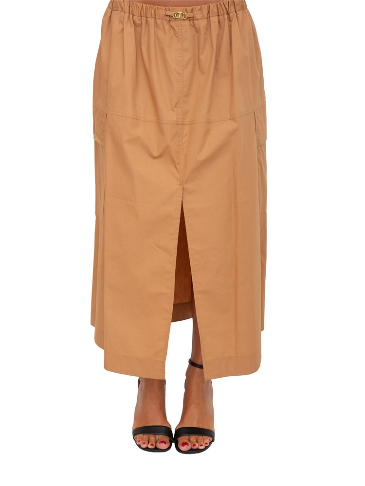 Gonna lunga Twinset in popeline cammello con pieghe