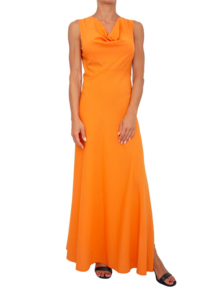 Abito lungo arancione Twinset con collo drappeggiato e spacco laterale