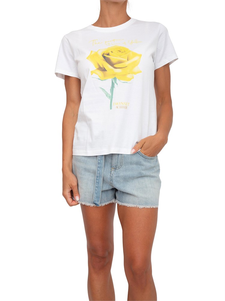 T-shirt Twinset in cotone bianco con stampa fiore