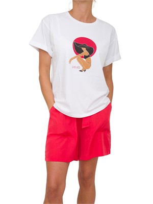 T-shirt bianca Liu Jo donna con girocollo, maniche corte e stampa grafica con strass in DONNA
