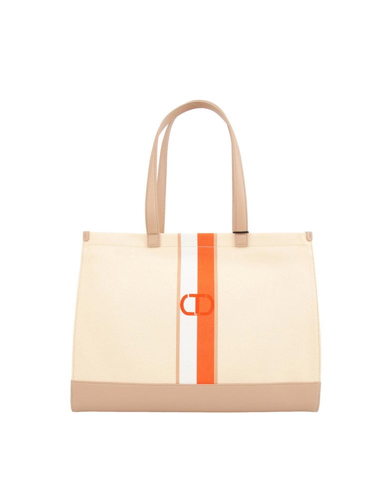 Borsa shopper Twinset in canvas con stampa righe multicolore e logo
