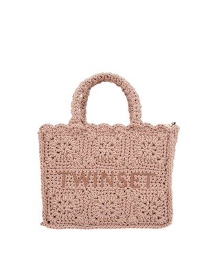 Borsa shopper Twinset Bohémienne in crochet di cotone rosa in DONNA