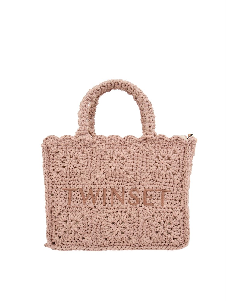 Borsa shopper Twinset Bohémienne in crochet di cotone rosa