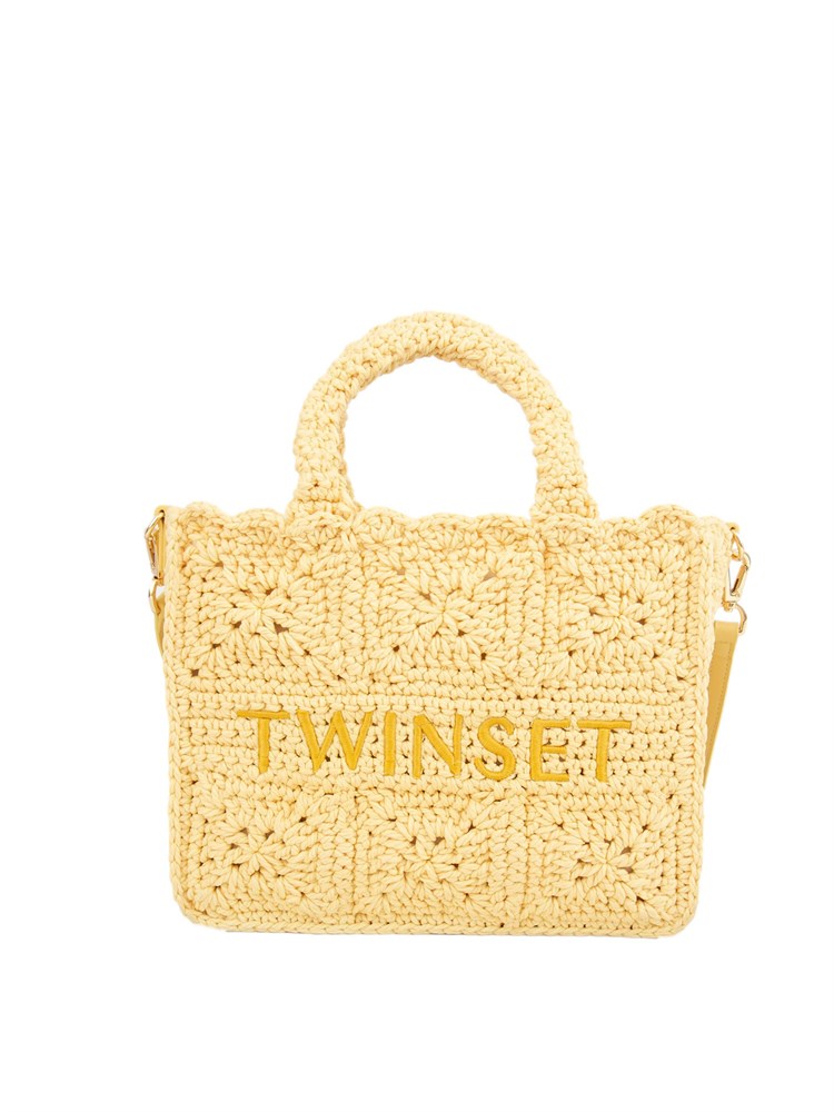 Borsa shopper Twinset Bohémienne in crochet di cotone giallo