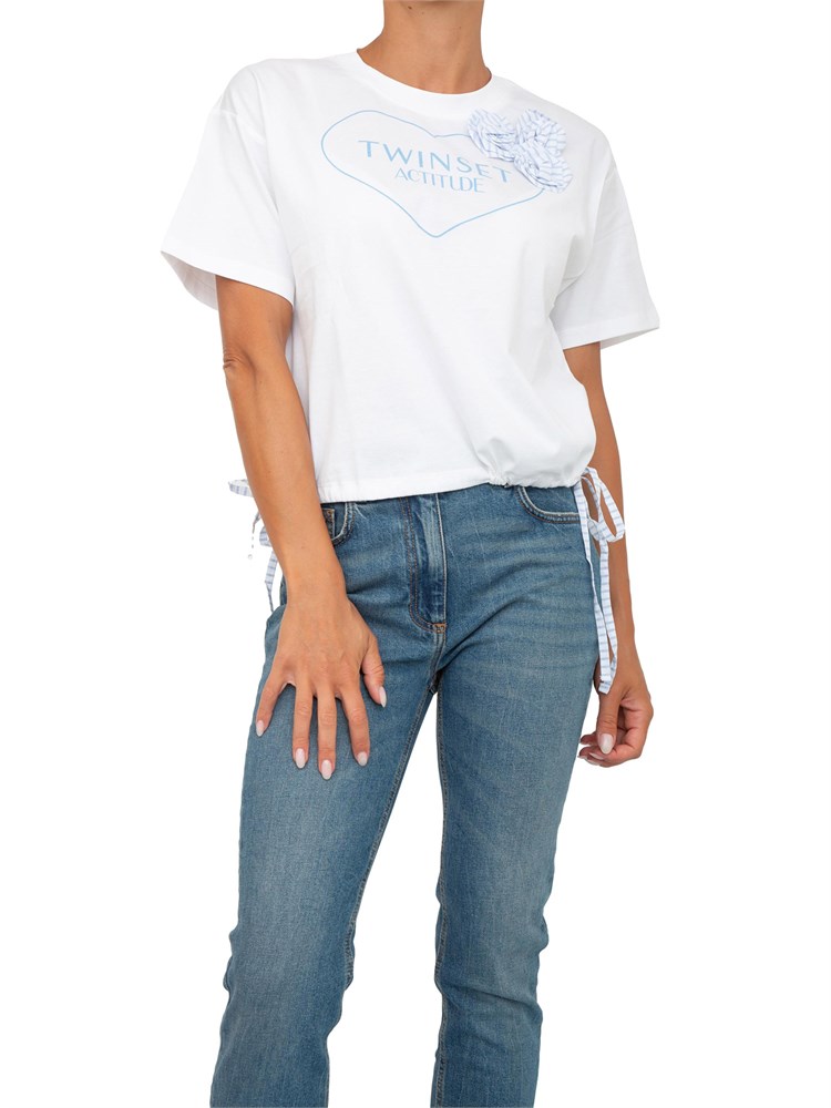 T-shirt bianca Twinset Actitude con stampa cuore e fiore applicato