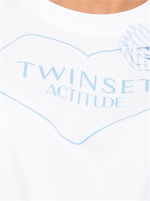 T-shirt bianca Twinset Actitude con stampa cuore e fiore applicato in DONNA