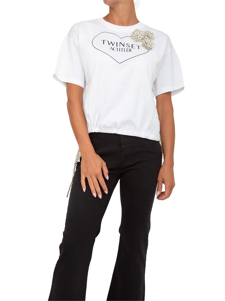 T-shirt bianca Twinset Actitude con stampa cuore e fiore applicato