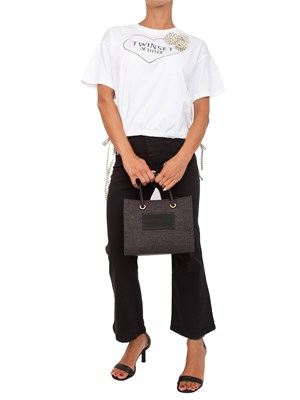 T-shirt bianca Twinset Actitude con stampa cuore e fiore applicato in DONNA