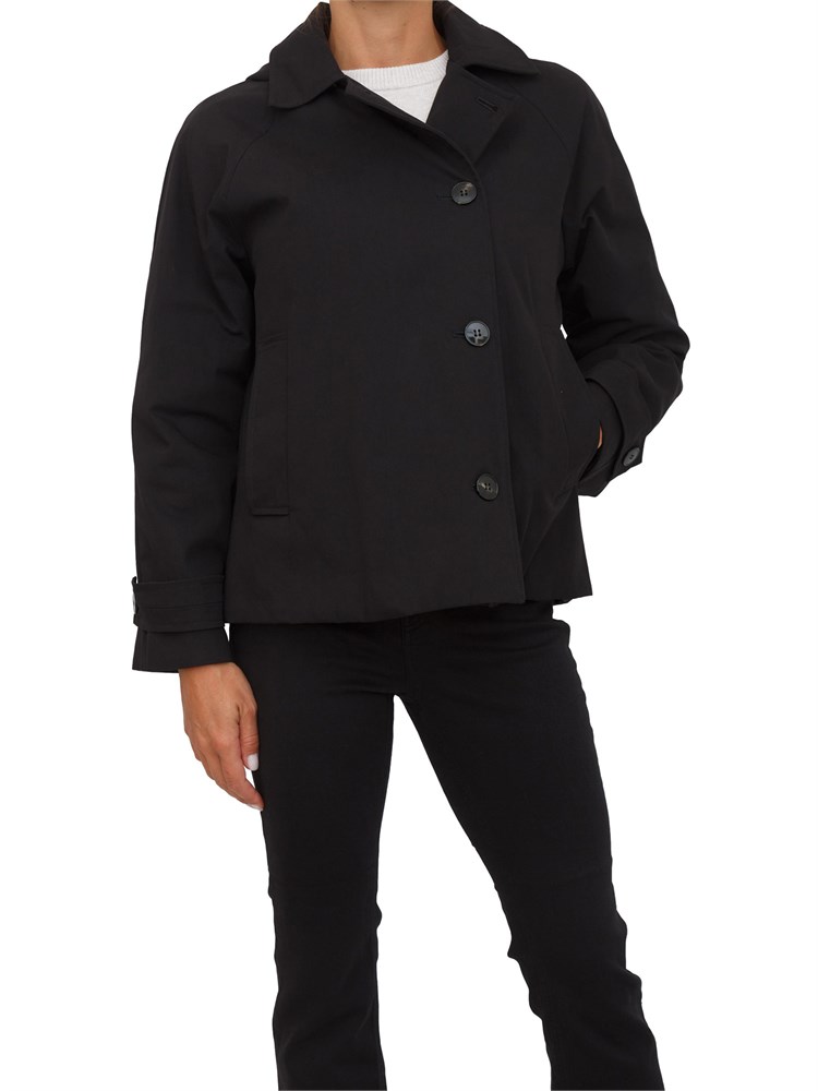 Trench Emme Marella linea boxy in cotone nero con cappuccio removibile