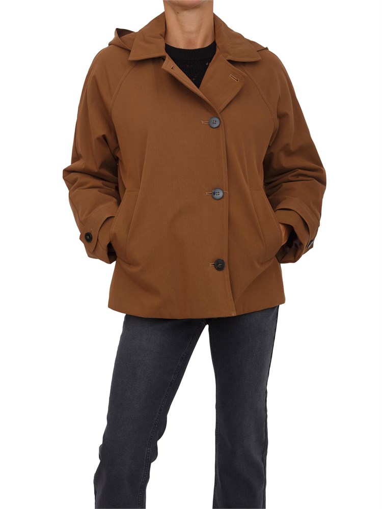 Trench Emme Marella linea boxy in cotone marrone con cappuccio removibile